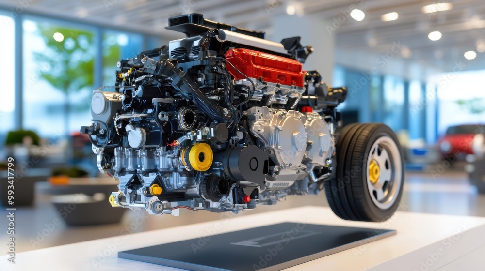 Detailed Automotive Engine Display in Modern Showroom Detailed Automotive Engine Display in Modern Showroom