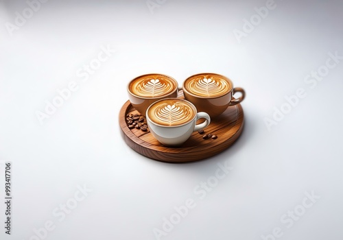 Three cups of latte art coffee on a wooden tray.