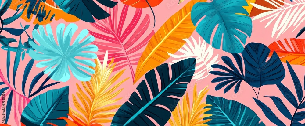 A vibrant tropical wallpaper with palm leaves, monstera leaves, branches, and jungle. An exotic garden in summer on a pink background is perfect for banners, decor, prints, and wall art. A vibrant tropical wallpaper with palm leaves, monstera leaves, branches, and jungle. An exotic garden in summer on a pink background is perfect for banners, decor, prints, and wall art.