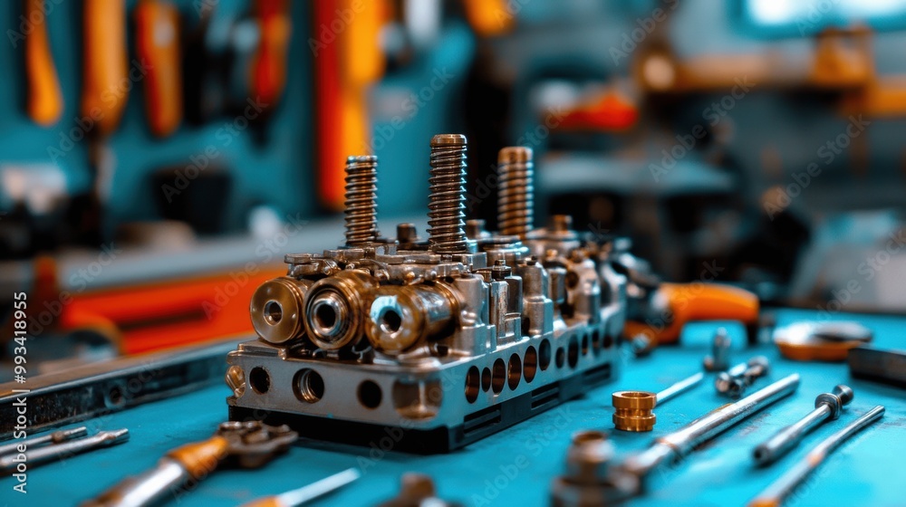 Engine Parts on Workbench in Mechanical Workshop Engine Parts on Workbench in Mechanical Workshop
