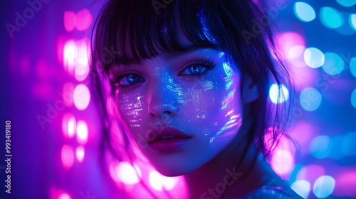 Close-Up Portrait of a Young Woman with Futuristic Cyber Light Effects