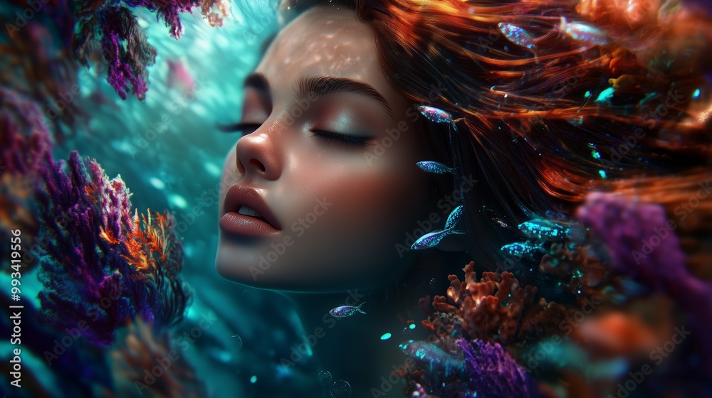 Fantasy Scene of a Woman Swimming Gracefully Among Vibrant Coral Fantasy Scene of a Woman Swimming Gracefully Among Vibrant Coral