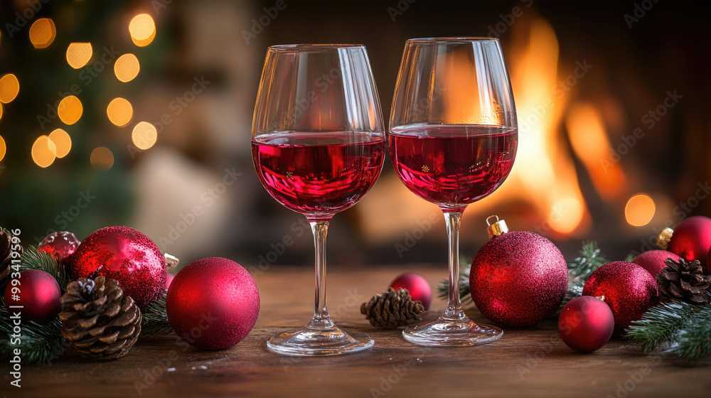 Red wine rests in two elegant glasses alongside shiny ornaments and pinecones by a glowing fireplace, creating a cozy holiday atmosphere Red wine rests in two elegant glasses alongside shiny ornaments and pinecones by a glowing fireplace, creating a cozy holiday atmosphere