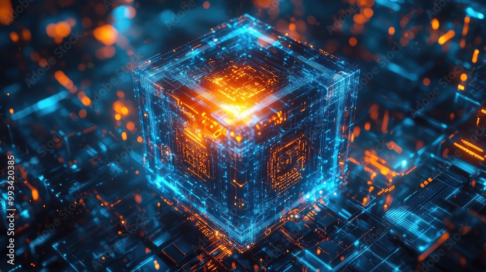 Radiant blue and orange cube with intricate circuits, connected to surrounding digital structures in a virtual environment Radiant blue and orange cube with intricate circuits, connected to surrounding digital structures in a virtual environment
