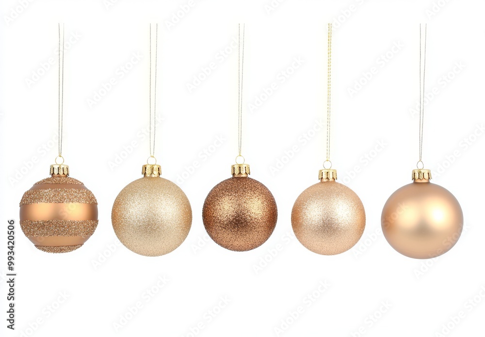 Collection of seven golden decorations for Christmas balls hanging in isolation