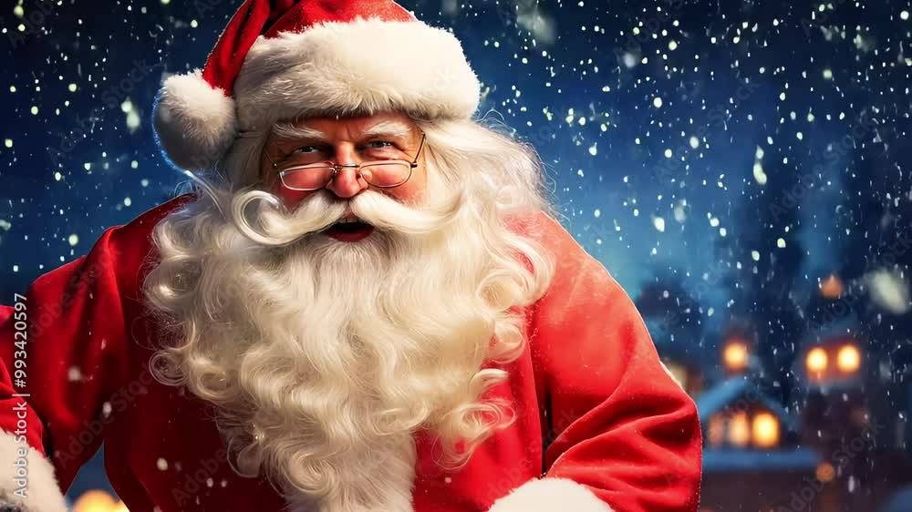Santa Claus Carrying Gifts in Snowy Winter Night with Festive Background Santa Claus Carrying Gifts in Snowy Winter Night with Festive Background