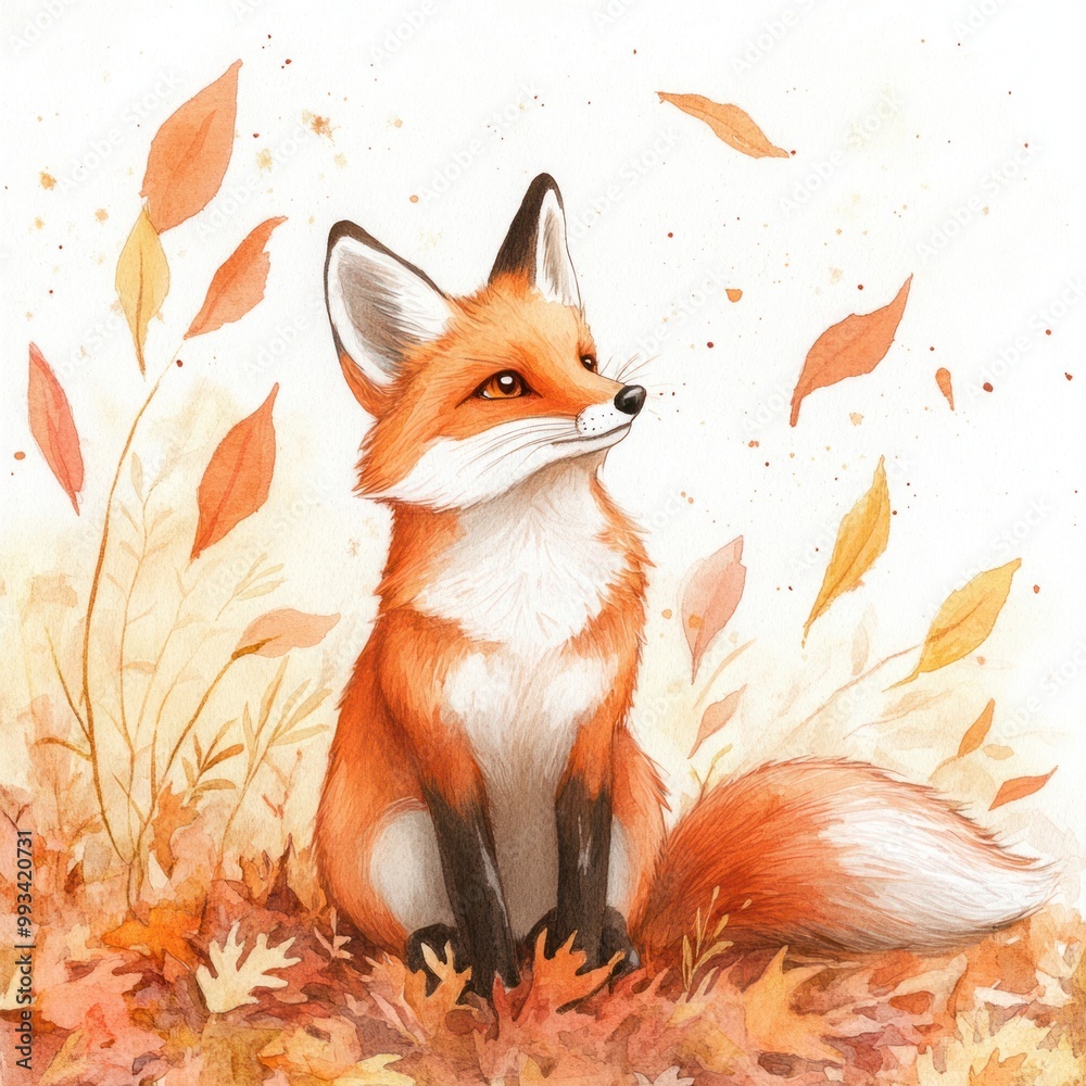 Fox sitting among autumn leaves, warm colors Fox sitting among autumn leaves, warm colors