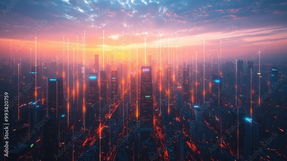 Smart city with abstract dot connections and flowing gradient lines, representing big data and advanced technology concepts Smart city with abstract dot connections and flowing gradient lines, representing big data and advanced technology concepts