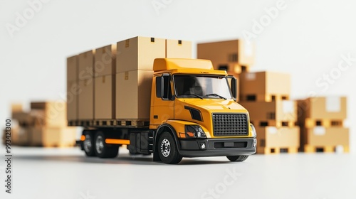 Yellow delivery truck with cardboard boxes in a logistics center