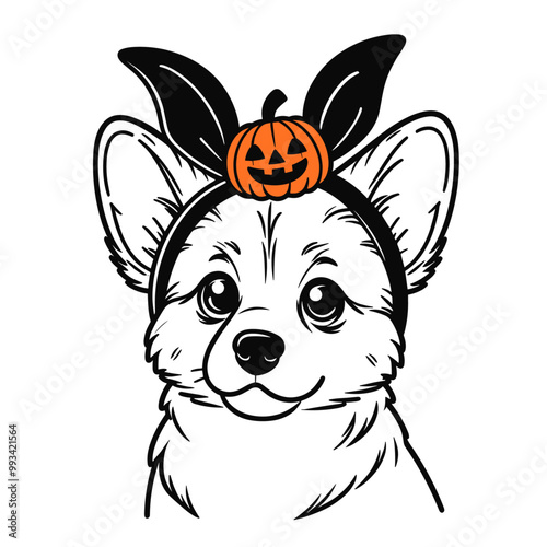 cute dog wearing a Halloween headband with a pumpkin sketch