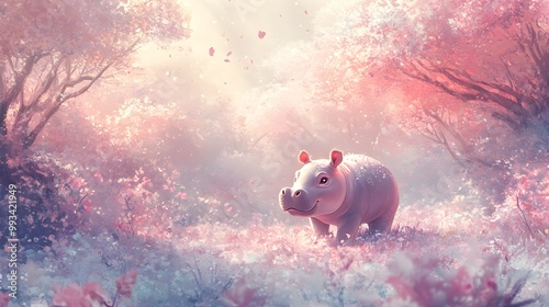 A charming scene of a baby hippo wandering through a pastel-colored forest, filled with soft hues and playful movements, capturing a sense of innocence and wonder  photo