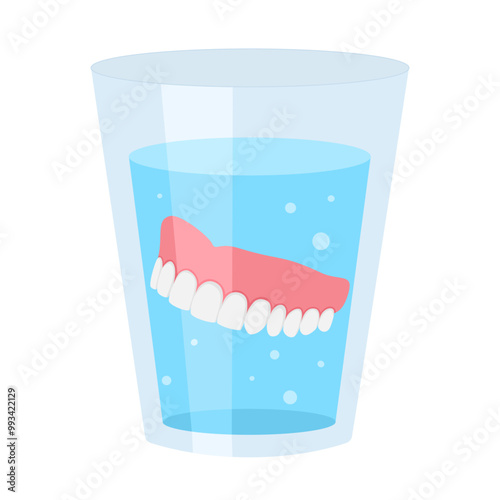 Denture in water. False removable teeth gum prosthesis in clean water, teeth cleaning dental care treatment.