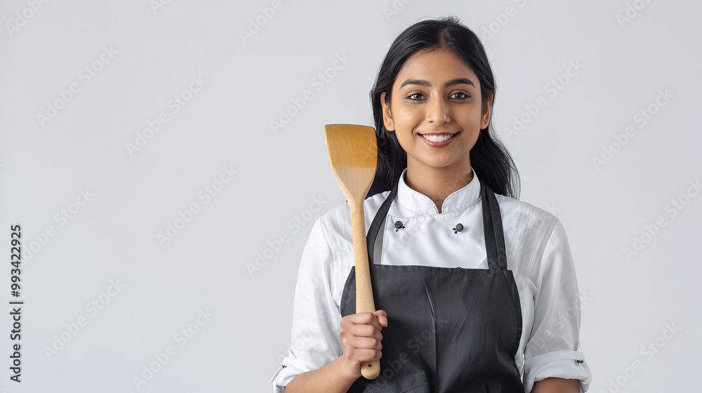 Desi Asian lady chef stands alone over white background text space, holding wooden spatula and donning an apron. Desi Asian lady chef stands alone over white background text space, holding wooden spatula and donning an apron.