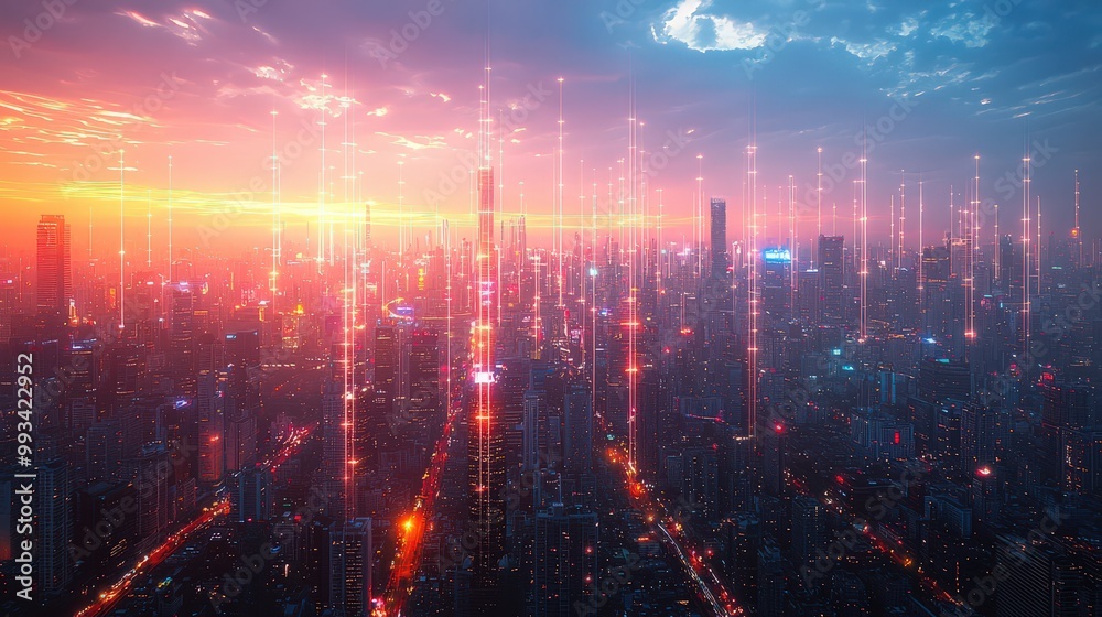 Smart city with abstract dot connections and flowing gradient lines, representing big data and advanced technology concepts Smart city with abstract dot connections and flowing gradient lines, representing big data and advanced technology concepts