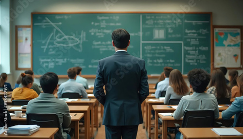 Um professor de terno ensina uma turma de estudantes em uma sala de aula, com um quadro negro cheio de fórmulas ao fundo. A imagem captura um ambiente educacional e focado no aprendizado.