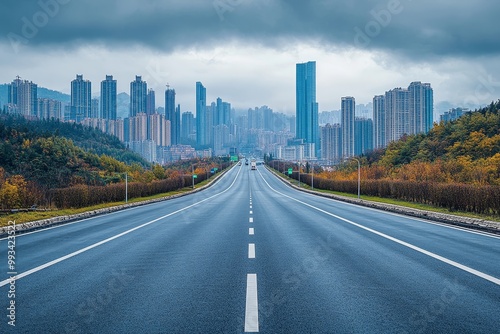 empty highway with cityscape and skyline of qingdao,China, Generative AI