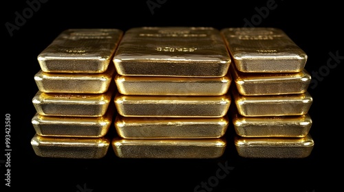 A high-resolution image of gold bars arranged in a perfect stack, their polished surfaces reflecting a warm, golden glow, evoking a sense of opulence and financial security 