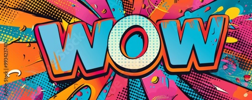 Abstract pop art background with "WOW" text. Bold patterns, Colorful visuals, Vibrant vector