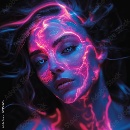 Psychedelic Abstract Portrait of Woman with Neon Light Effects