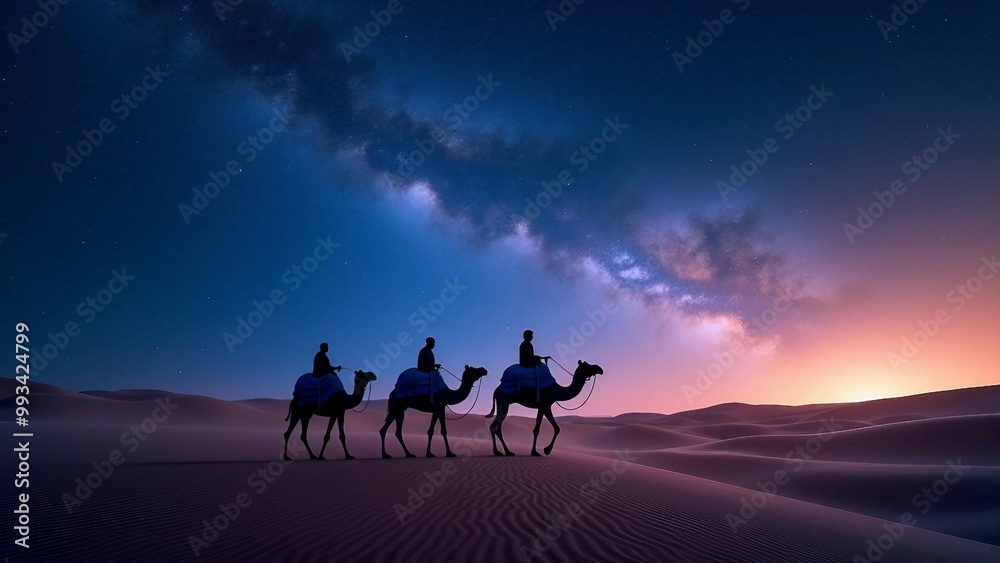 Camel riders journeying through the desert under the Milky Way Camel riders journeying through the desert under the Milky Way