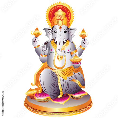 A highly detailed vector of Lord Ganpati, featuring intricate Indian designs. Perfect for religious artwork, festival posters, invitations, or cultural projects requiring authentic Indian elements