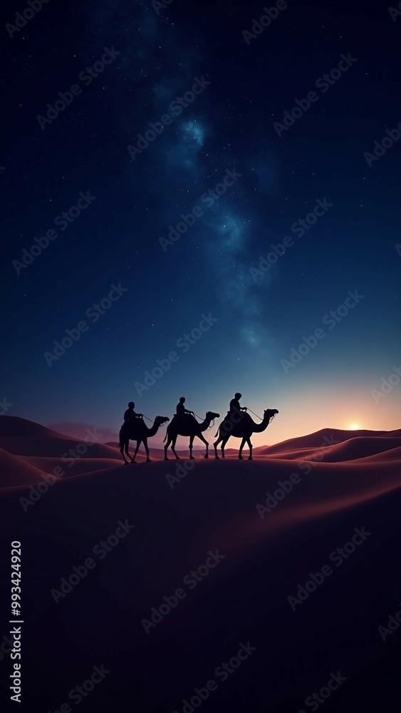 Camel riders journeying through the desert under the Milky Way Camel riders journeying through the desert under the Milky Way