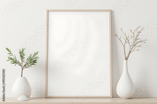 Mock-up frame in the Realistic  home interior background, with natural rattan furniture, 3d render