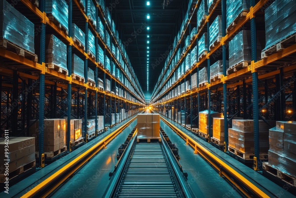 Obraz premium Automated Warehouse Conveyor System with Stacked Boxes