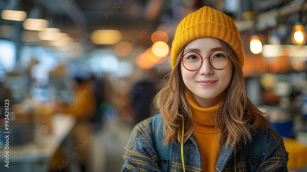 Fototapeta premium Young Woman in Yellow Beanie Smiling Indoors