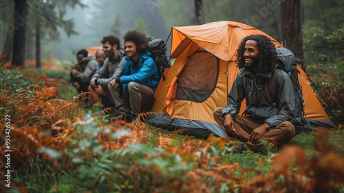 Diverse group of campers enjoying a forest adventure