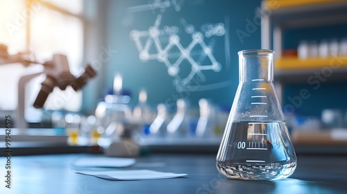 Erlenmeyer Flask Filled with Clear Liquid on a Lab Bench