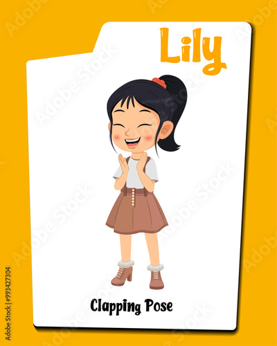 A cute girl cartoon character clapping AKA Lily, Little girl cartoon in school dress.