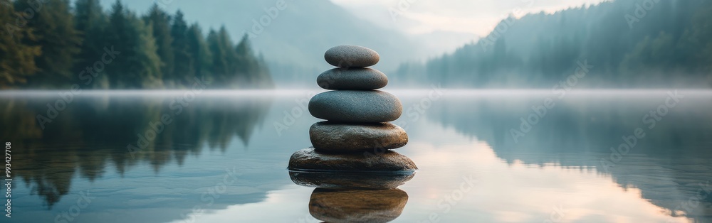 Balanced stones on serene lakeside with misty mountain background Balanced stones on serene lakeside with misty mountain background