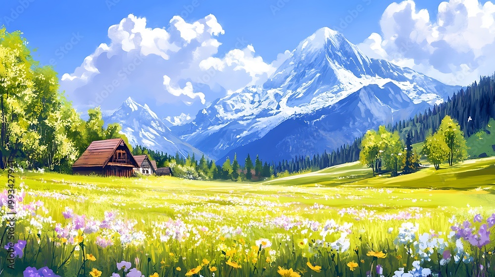 A picturesque mountain scene with two wooden cabins nestled in a vibrant field of wildflowers, a lush green valley with a backdrop of towering snow-capped peaks under a bright blue sky. A picturesque mountain scene with two wooden cabins nestled in a vibrant field of wildflowers, a lush green valley with a backdrop of towering snow-capped peaks under a bright blue sky.