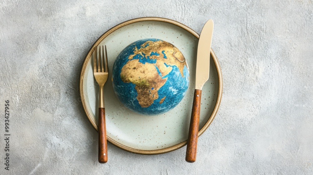 Gourmet Globe on a Plate with Fork and Knife - Ideal for Culinary and Travel Themes