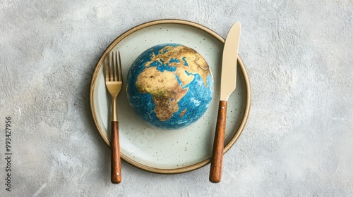 Fototapeta Naklejka Na Ścianę i Meble -  Gourmet Globe on a Plate with Fork and Knife - Ideal for Culinary and Travel Themes