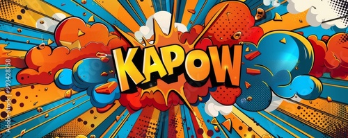 Energetic pop art background featuring "KAPOW." Comic book style, Dynamic patterns, Bright vector