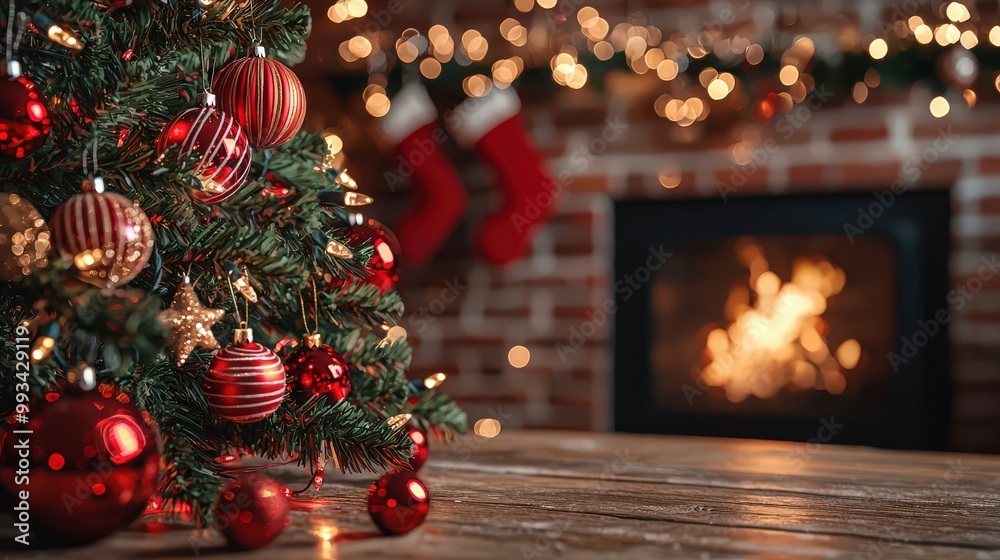 Cozy Christmas Scene with Golden and Red Decoration and Fireplace