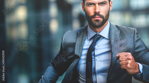 A professional businessman in a gray suit is seen running gracefully.