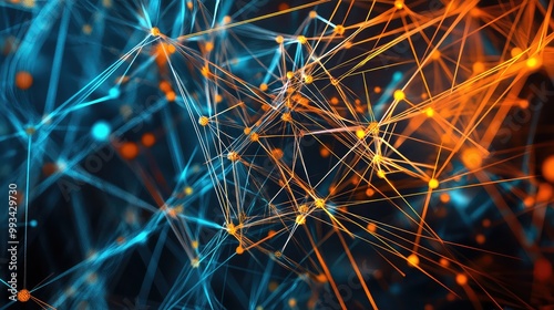 Abstract digital design of interwoven geometric shapes and thin lines creating a futuristic, colorful network
