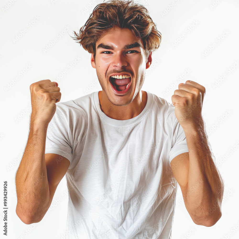 A man in a white T-shirt raises his fist in congratulation. A man in a white T-shirt raises his fist in congratulation.