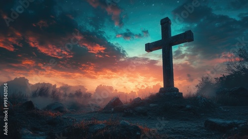 Holy cross symbolizing the themes of death and resurrection with a lighted sky