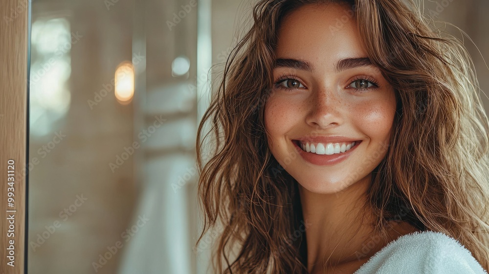 Smiling woman with long curly hair in cozy setting, showcasing natural beauty and happiness Smiling woman with long curly hair in cozy setting, showcasing natural beauty and happiness