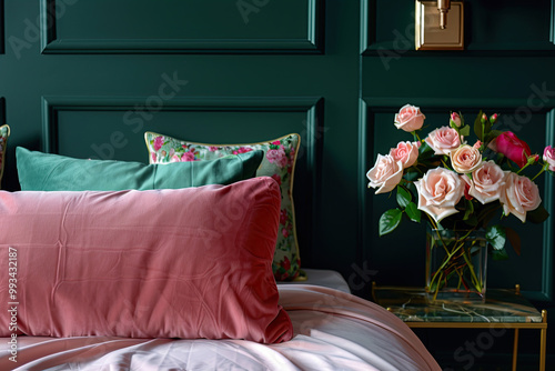 A bedroom with dark green paneled walls, pink bed linens, and teal pillows. A vase of roses is placed on the bedside table. The focus should be on capturing the vibrant colors and textures in detail. photo