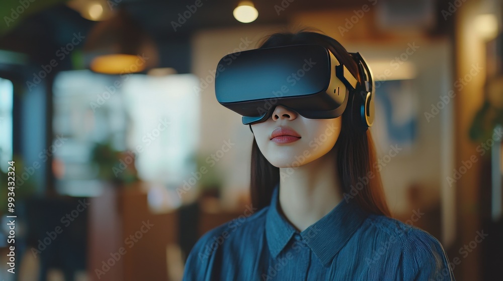 Asian Woman Immersed in Virtual Reality Experiencing Immersive Digital Environments Asian Woman Immersed in Virtual Reality Experiencing Immersive Digital Environments