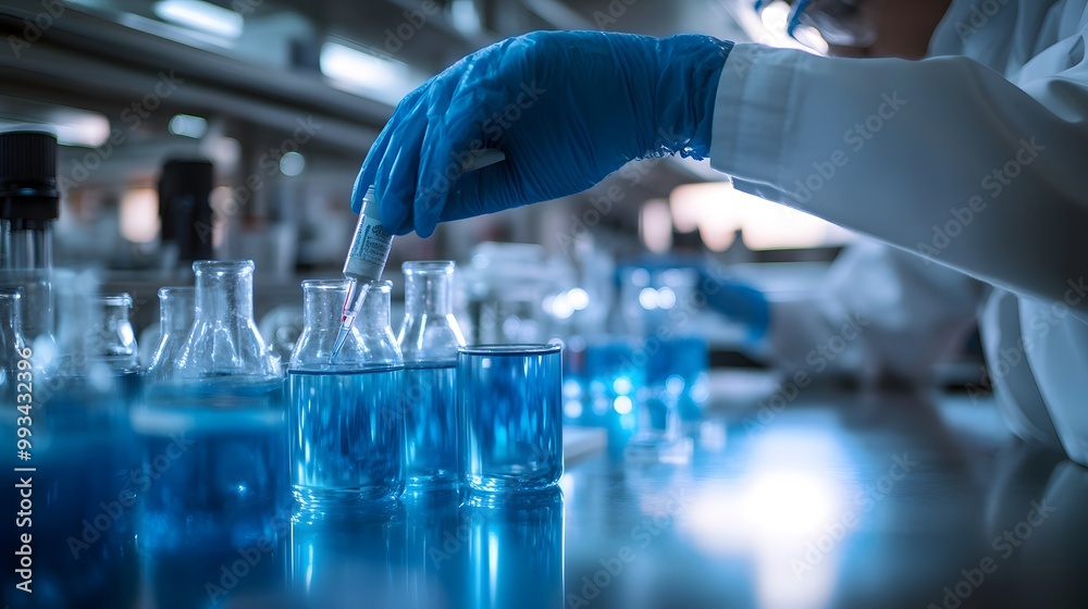 Gloved hand dispensing blue liquid into glass flasks in a lab setting Gloved hand dispensing blue liquid into glass flasks in a lab setting