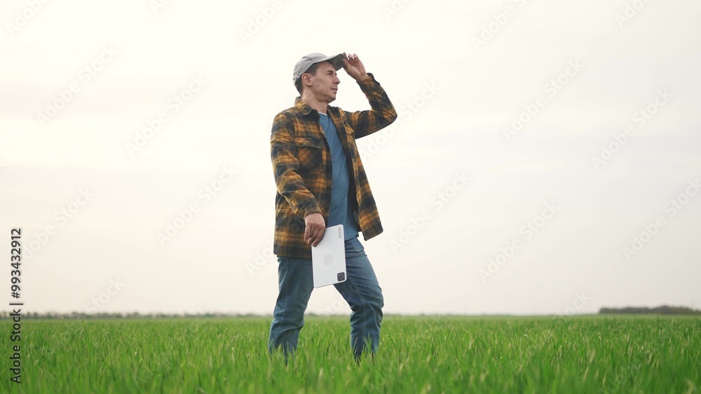 tall farmer with tablet in the field. business finance nature and people concept. a farmer in a wide-brimmed hat and plaid shirt walks through a green field with a tablet lifestyle in his hands tall farmer with tablet in the field. business finance nature and people concept. a farmer in a wide-brimmed hat and plaid shirt walks through a green field with a tablet lifestyle in his hands
