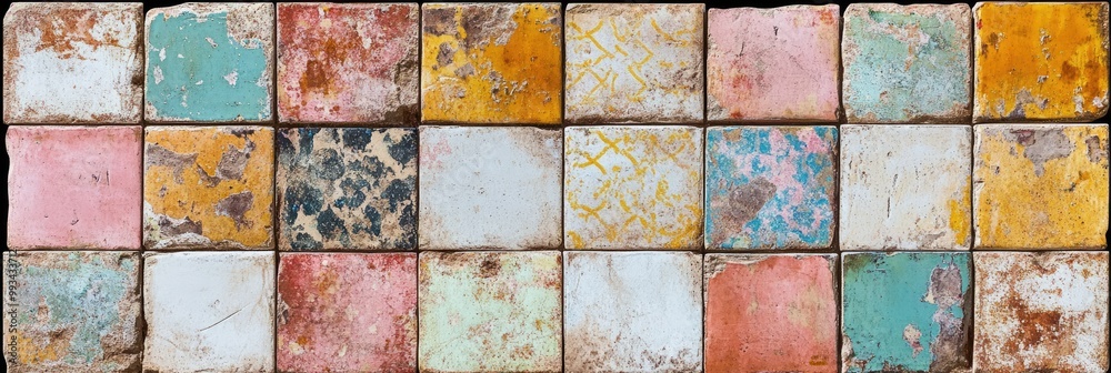 Mosaic tile texture with vibrant, mismatched patterns and worn, faded colors Mosaic tile texture with vibrant, mismatched patterns and worn, faded colors
