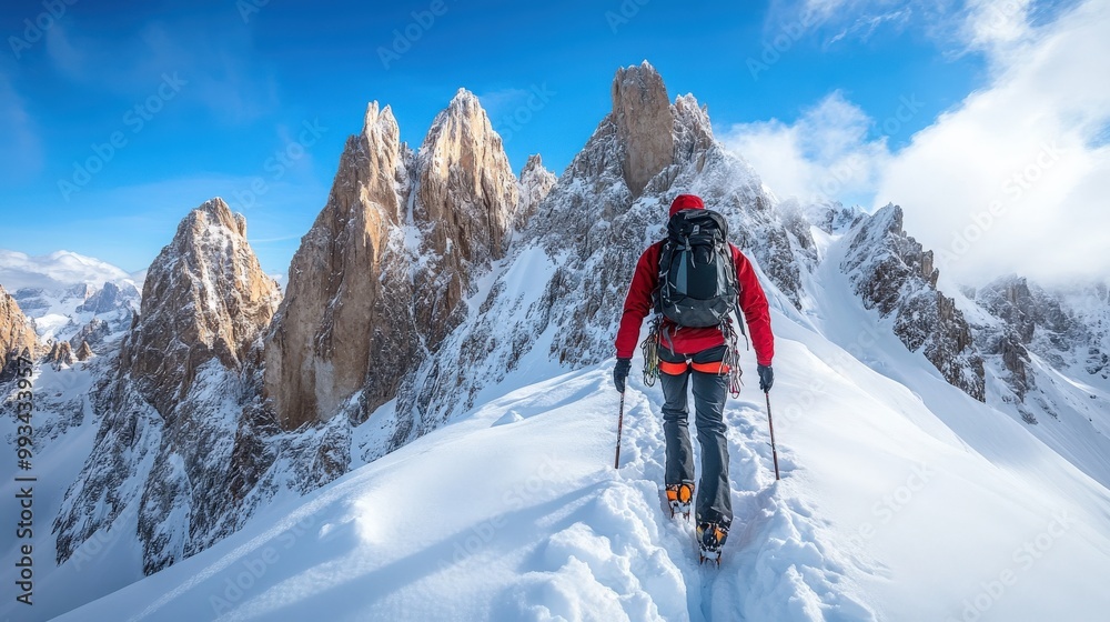 Climber in red jacket trekking through the snowy Alps under bright sunlight Climber in red jacket trekking through the snowy Alps under bright sunlight