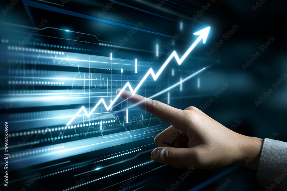 Hand Interacting with Upward Trend Graph on Digital Screen Hand Interacting with Upward Trend Graph on Digital Screen